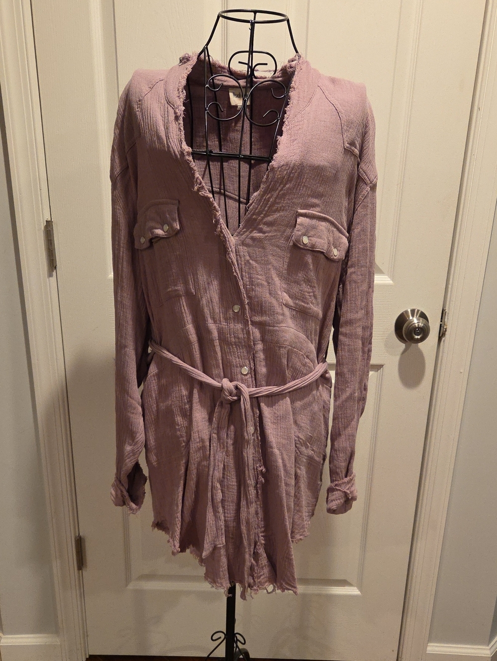 Peach Love California Mauve Long-Sleeve Button Trench Dress with Self Tie